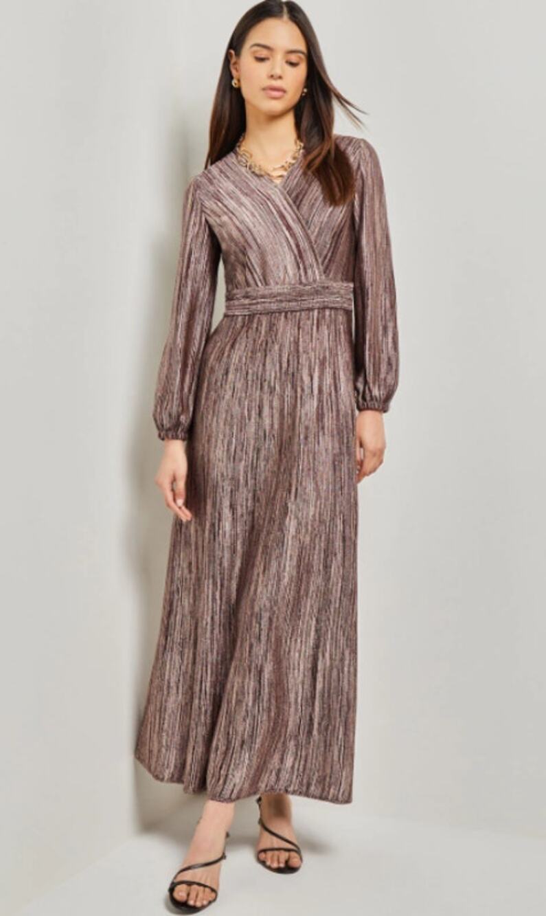 Misook Bishop Sleeve Jacquard Knit Maxi Dress V-Neck Balloon Long Sleeve Midi